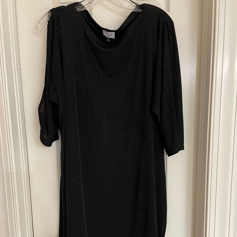 RSVP black 3/4 sleeve sparkly cocktail dress, open slit arm, size 16